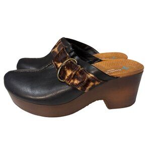 Baretraps Belita Womens 9M Black Clogs With Leopard Accent & Wooden Platform